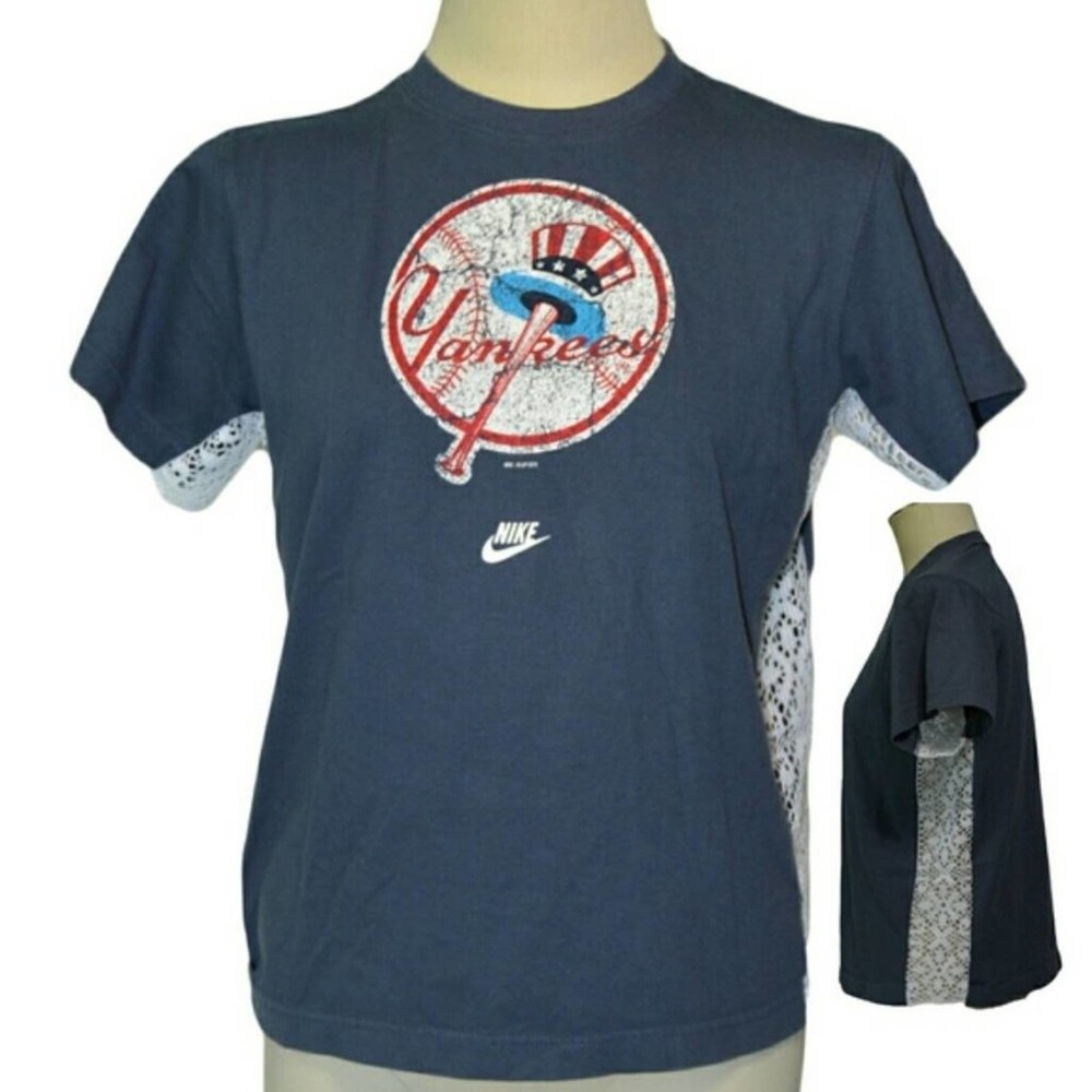 New York Yankees Baseball Blue White Cutout Lace Side Casual Women's T Shirt XL